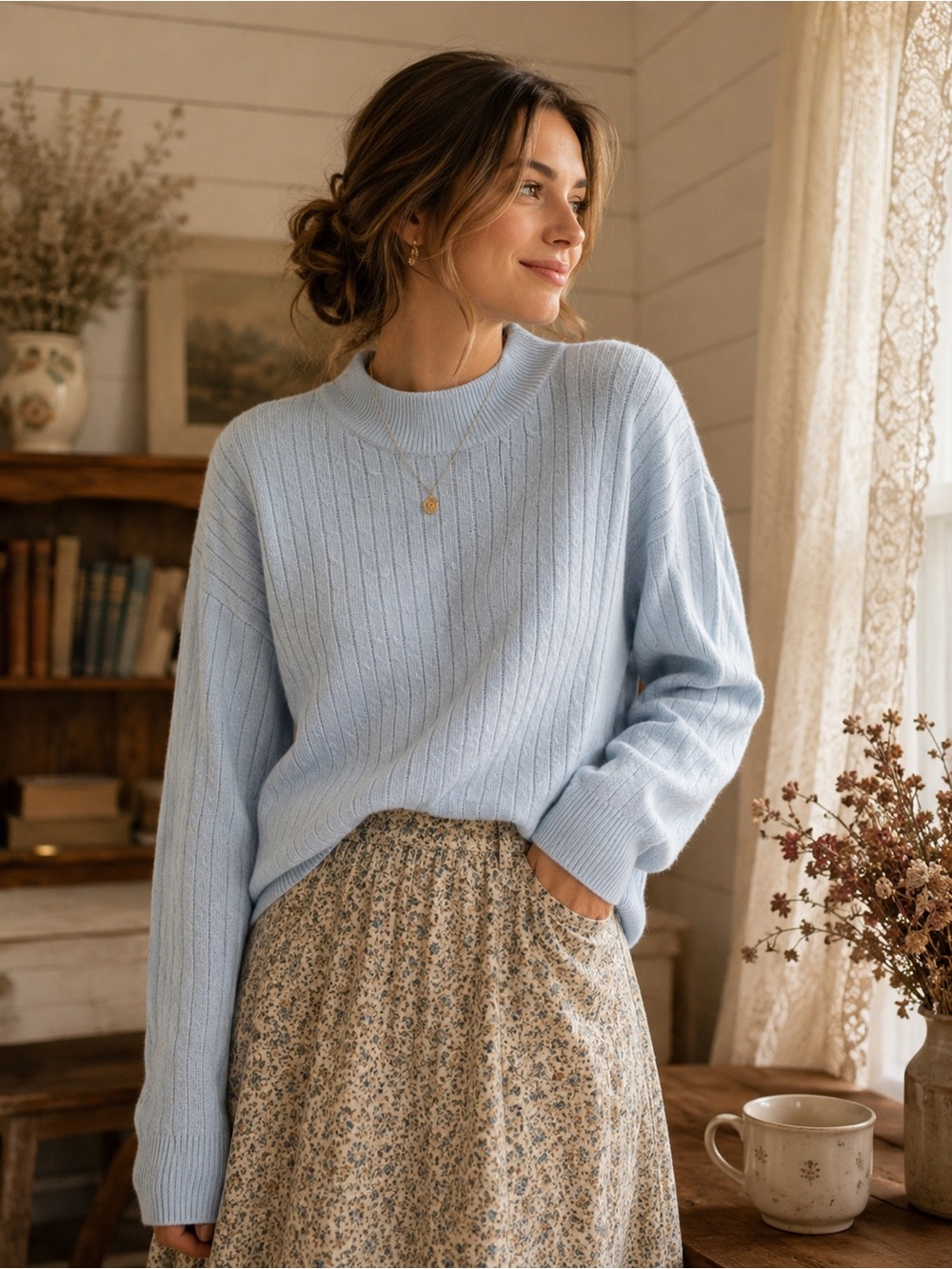 Alia Petites Cable Knit Mock Neck Sweater | Size Medium